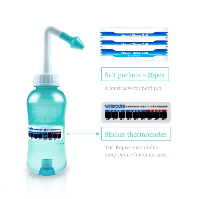 waterpulse وعاء ووتر بالز لتنظيف الجيوب الأنفية، زجاجة غسل الأنف، زجاجة تنظيف الجيوب الأنفية، ري ضغط وعاء نتّي مع ملصق ترمومتر للبالغين والأطفال خالية من BPA (أخضر) - Image 3