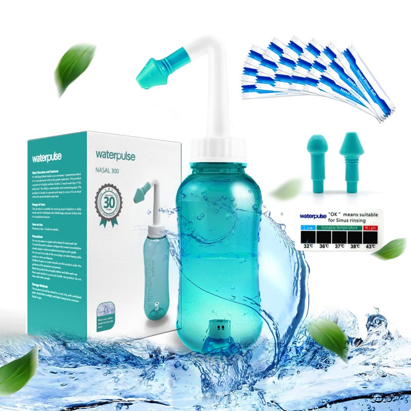 waterpulse وعاء ووتر بالز لتنظيف الجيوب الأنفية، زجاجة غسل الأنف، زجاجة تنظيف الجيوب الأنفية، ري ضغط وعاء نتّي مع ملصق ترمومتر للبالغين والأطفال خالية من BPA (أخضر) - Image 1