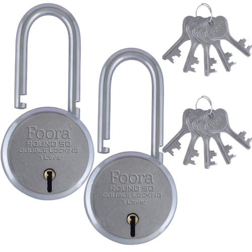 Foora New Round 50mm Lock | Long Shackle | Metal Body | Double Locking | 7 Steel Lever | 5 Silver Keys with Keychain | Silver Finsih | Pack of 2 | Made in India | Export in USA | Canada - Image 1