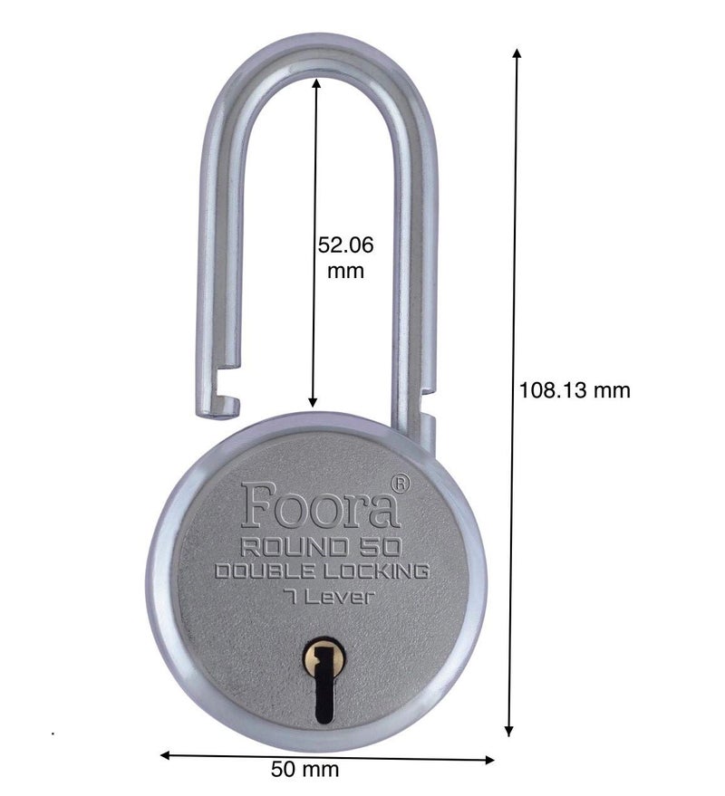 Foora New Round 50mm Lock | Long Shackle | Metal Body | Double Locking | 7 Steel Lever | 5 Silver Keys with Keychain | Silver Finsih | Pack of 2 | Made in India | Export in USA | Canada - Image 5