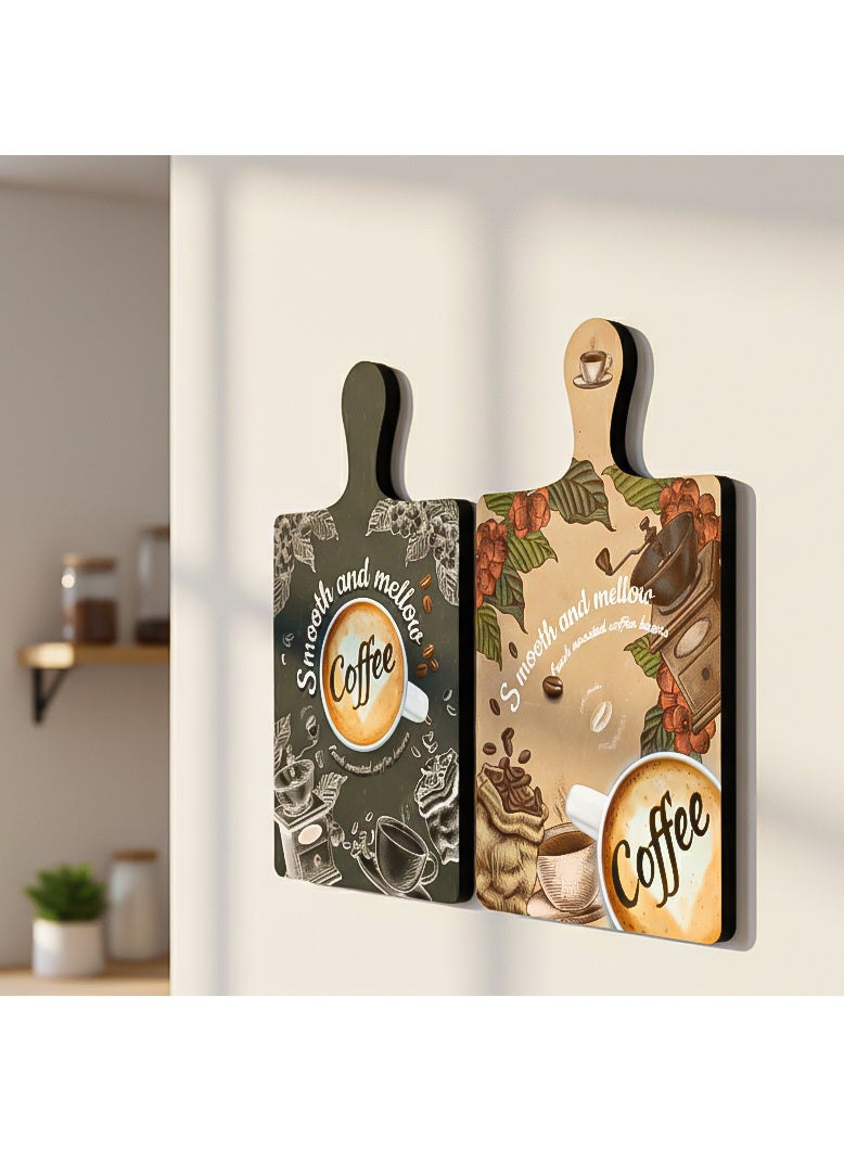 A set of 2 wooden wall decor pieces shaped like coasters or cutting boards, featuring elegant high-resolution printed illustrations. Comes with strong double-sided adhesive backing for easy installation. Size: 29×18.5 cm. Printed with a glossy protective layer that resists dust, fading, and daily wear - Image 1