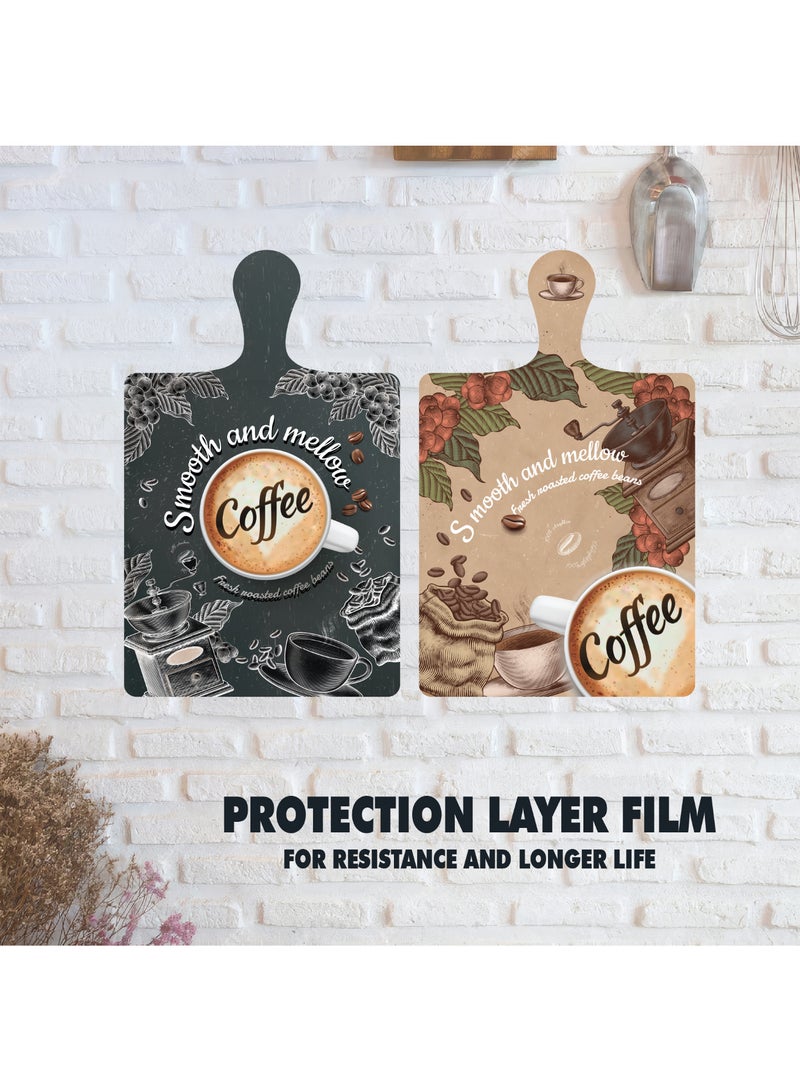 A set of 2 wooden wall decor pieces shaped like coasters or cutting boards, featuring elegant high-resolution printed illustrations. Comes with strong double-sided adhesive backing for easy installation. Size: 29×18.5 cm. Printed with a glossy protective layer that resists dust, fading, and daily wear - Image 3