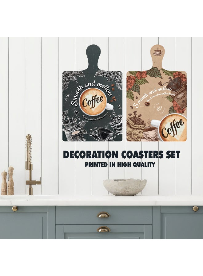 A set of 2 wooden wall decor pieces shaped like coasters or cutting boards, featuring elegant high-resolution printed illustrations. Comes with strong double-sided adhesive backing for easy installation. Size: 29×18.5 cm. Printed with a glossy protective layer that resists dust, fading, and daily wear - Image 2