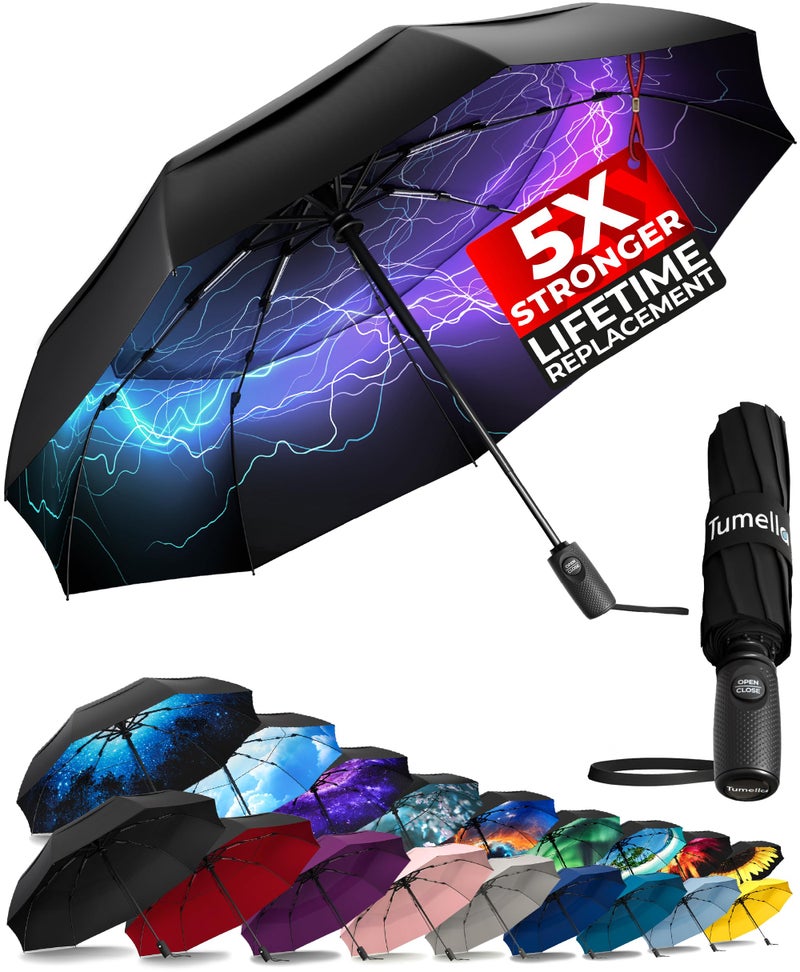 TUMELLA Strongest Windproof Travel Umbrella (Compact, Superior & Beautiful), Small Strong but Light Portable and Automatic Folding Rain Umbrella, Durable Premium Grip, Fits Car & Backpack Spark - Image 1