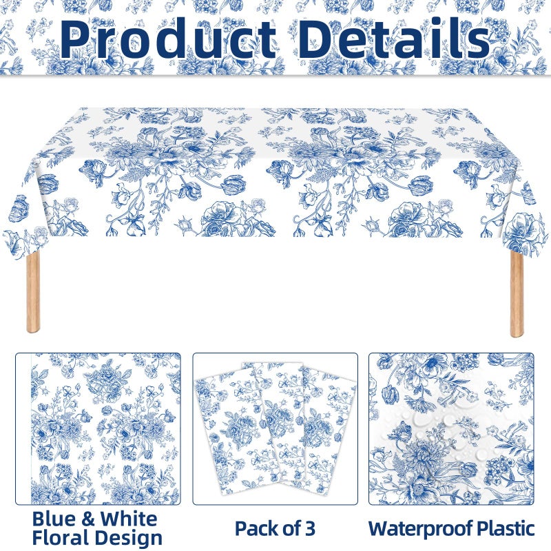 Merriva 3 Pieces 54x108 Inch Blue White Floral Rectangle Plastic Tablecloth, Disposable Elegant Flower Design Table Cover for Wedding, Bridal Shower, Baby Shower, Birthday, and Garden Tea Party Decorations - Image 3