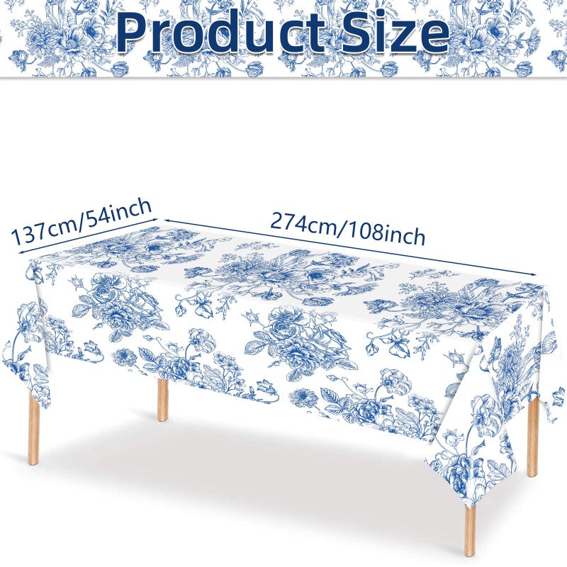 Merriva 3 Pieces 54x108 Inch Blue White Floral Rectangle Plastic Tablecloth, Disposable Elegant Flower Design Table Cover for Wedding, Bridal Shower, Baby Shower, Birthday, and Garden Tea Party Decorations - Image 2