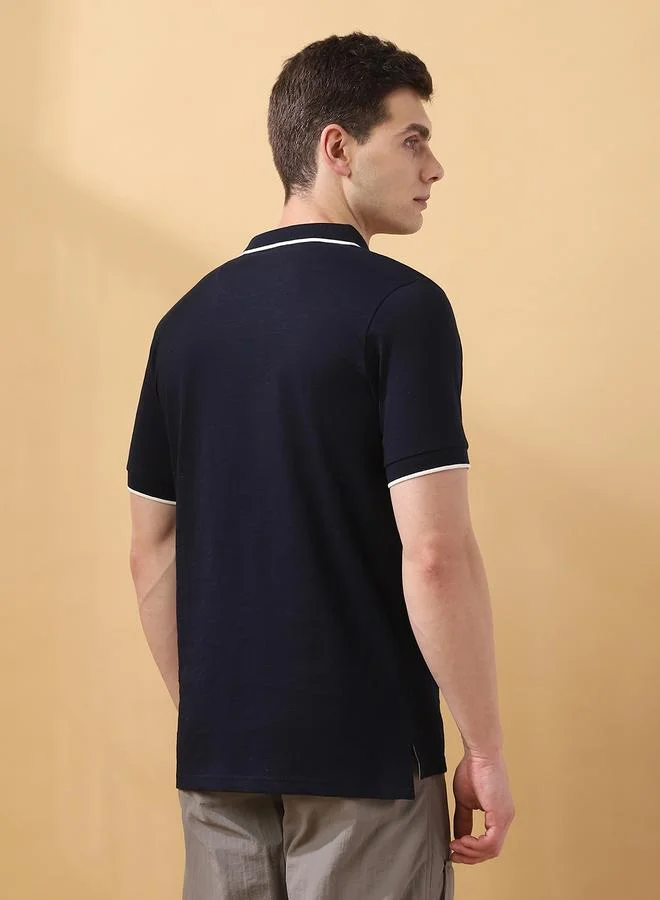 Dennis Lingo Men's Navy 100% Cotton Solid Pattern Regular Fit T-Shirt
