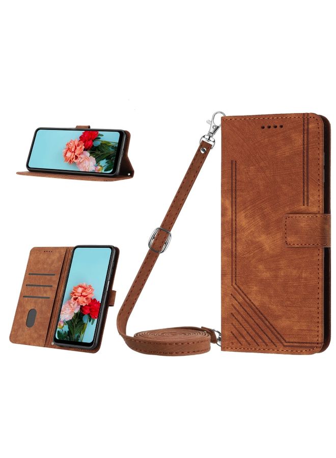 HuHa Case Cover For For Tecno Spark 10 5G Skin Feel Stripe Pattern Leather Phone Case with Lanyard(Brown) 