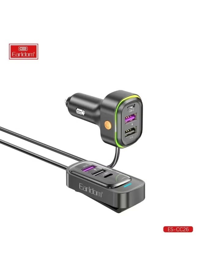 CC26 RGB 6-in-1 66W Multi-Port Car Charger with Dual USB-C & USB-A Fast Charging, LED RGB Ambient Light, Smart Power Distribution, Universal 12V/24V Car Adapter for Phones, Tablets, GPS & Car Accessories