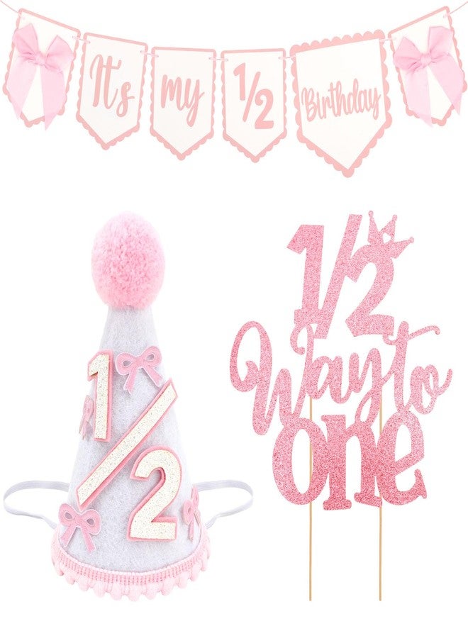 SuPoo 1/2 Birthday Banner and Princess Cone Hat Cake Topper Half Birthday Crown Glitter Bow Half Way to One Baby Girl Decorations 6 Month It is My 1/2 Birthday High Chair Banner Tiara Outfit - Image 1