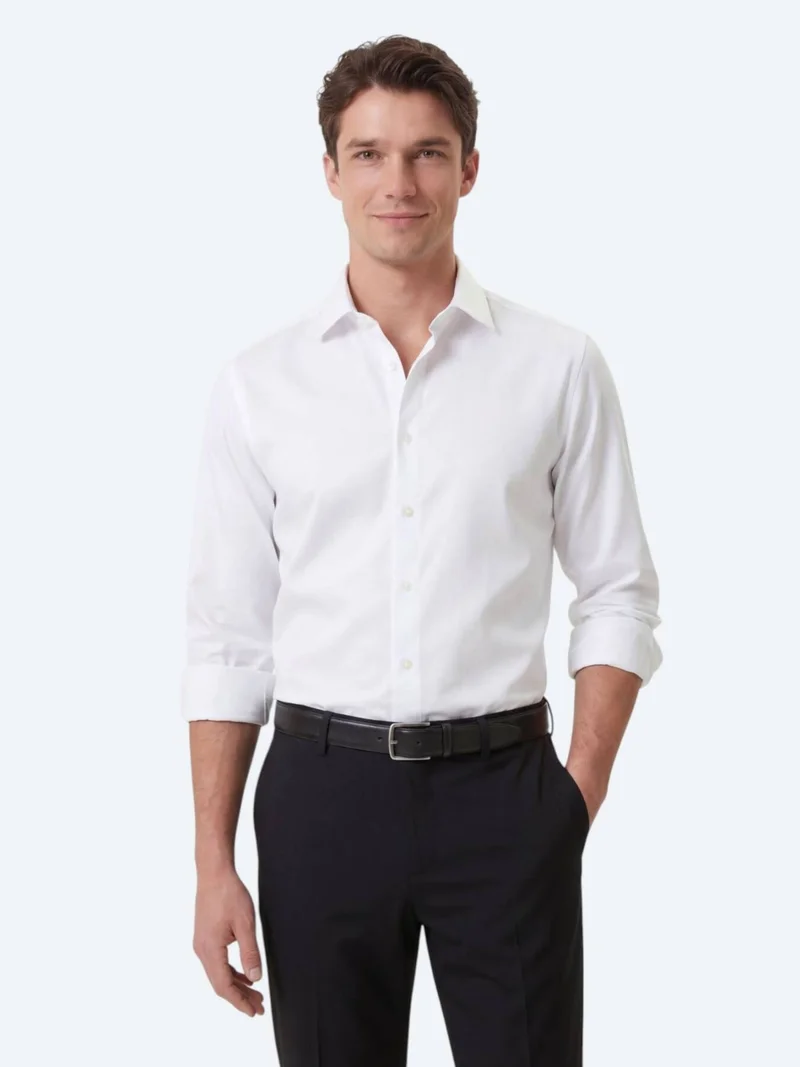 Kip White Regular Fit Long Weaving Classical Cotton Blended Shirt