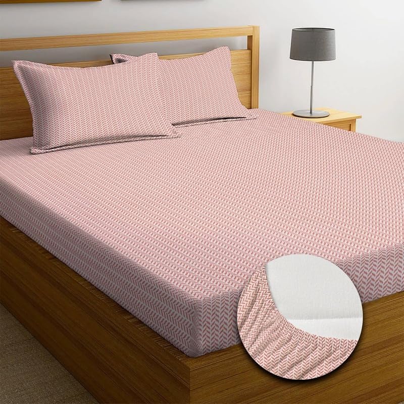 NEW LEAF Premium Cotton 210tc Elastic Fitted Bedsheets with 2 Pillow Covers | Double/King Bed with All Around Elastic Wrinklefree Supersoft Breathable |Size-78 x72+8 inches |Texture, Pink - Image 2