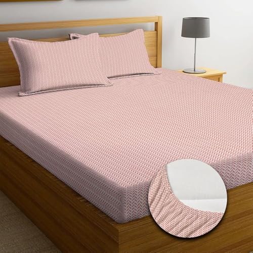 NEW LEAF Premium Cotton 210tc Elastic Fitted Bedsheets with 2 Pillow Covers | Double/King Bed with All Around Elastic Wrinklefree Supersoft Breathable |Size-78 x72+8 inches |Texture, Pink - Image 1
