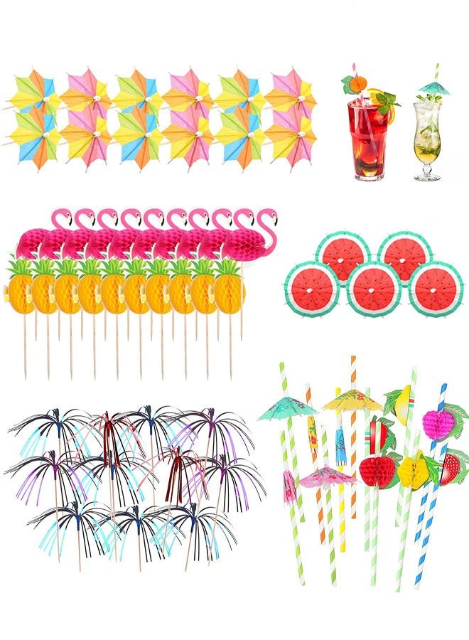 إكسسوارات الكوكتيل للمشروبات، 80 قطعة زينة حفلات الكوكتيل تشمل مظلات للمشروبات، أدوات تقليب وتحريك، قش ورقي قابل لإعادة الاستخدام، أعواد شرارة لتزيين حفلات الشاطئ الصيفية للمشروبات - Image 1