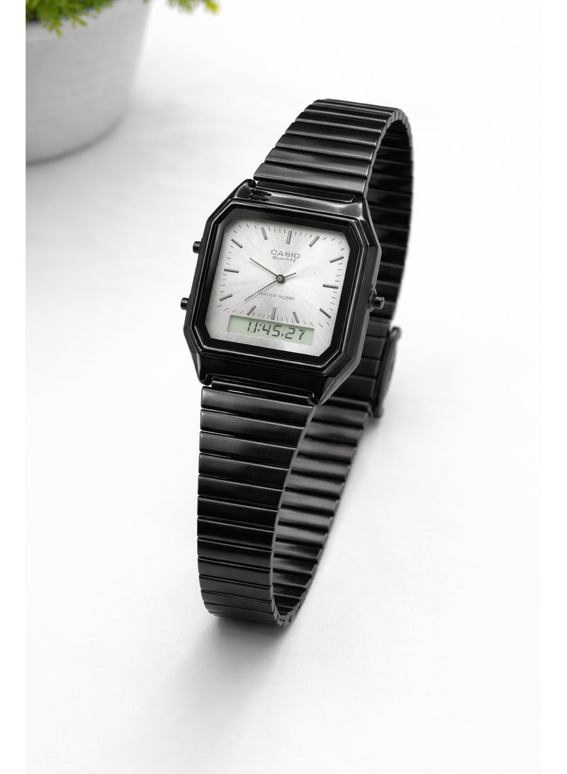 ساعة كاسيو فينتج تناظري ورقمي بسوار ستانلس ستيل أسود وقرص فضي – مقاومة للماء – للجنسين