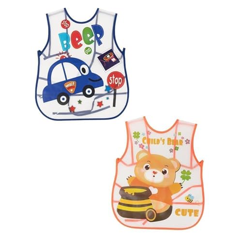 BabyGo Washable Baby Feeding Bibs | Quick-Dry Sleeveless Apron Bibs, Easy-Clean, Soft & Lightweight Meal Time Bibs with Cartoon Prints for Boys & Girls | Pack of 2 (Multicolors) - Image 1