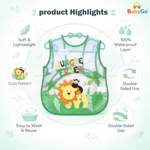 BabyGo Washable Baby Feeding Bibs | Quick-Dry Sleeveless Apron Bibs, Easy-Clean, Soft & Lightweight Meal Time Bibs with Cartoon Prints for Boys & Girls | Pack of 2 (Multicolors) - Image 4