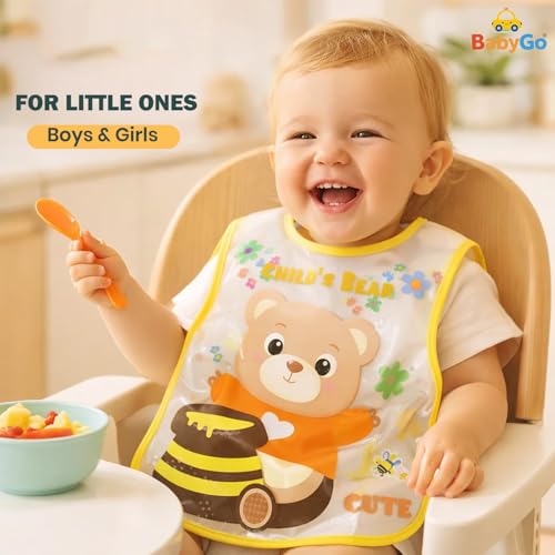BabyGo Washable Baby Feeding Bibs | Quick-Dry Sleeveless Apron Bibs, Easy-Clean, Soft & Lightweight Meal Time Bibs with Cartoon Prints for Boys & Girls | Pack of 2 (Multicolors) - Image 2