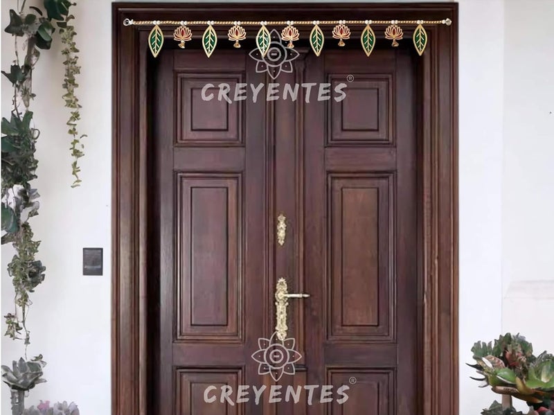 CREYENTES CREYENTES Handmade Pink Lotus Mango Leaf Toran With Side Hangings Bandanwar Door Hanging For Main Entrance Wedding All Festival Decoration Stylish Lotus_Pan_Toran 36 Cm - Image 2