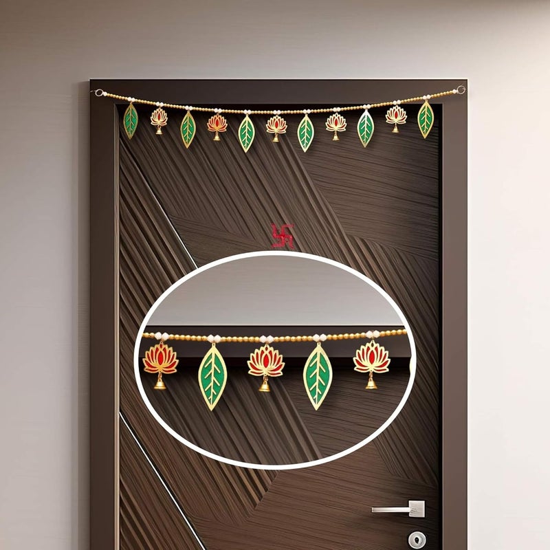 CREYENTES CREYENTES Handmade Pink Lotus Mango Leaf Toran With Side Hangings Bandanwar Door Hanging For Main Entrance Wedding All Festival Decoration Stylish Lotus_Pan_Toran 36 Cm - Image 1