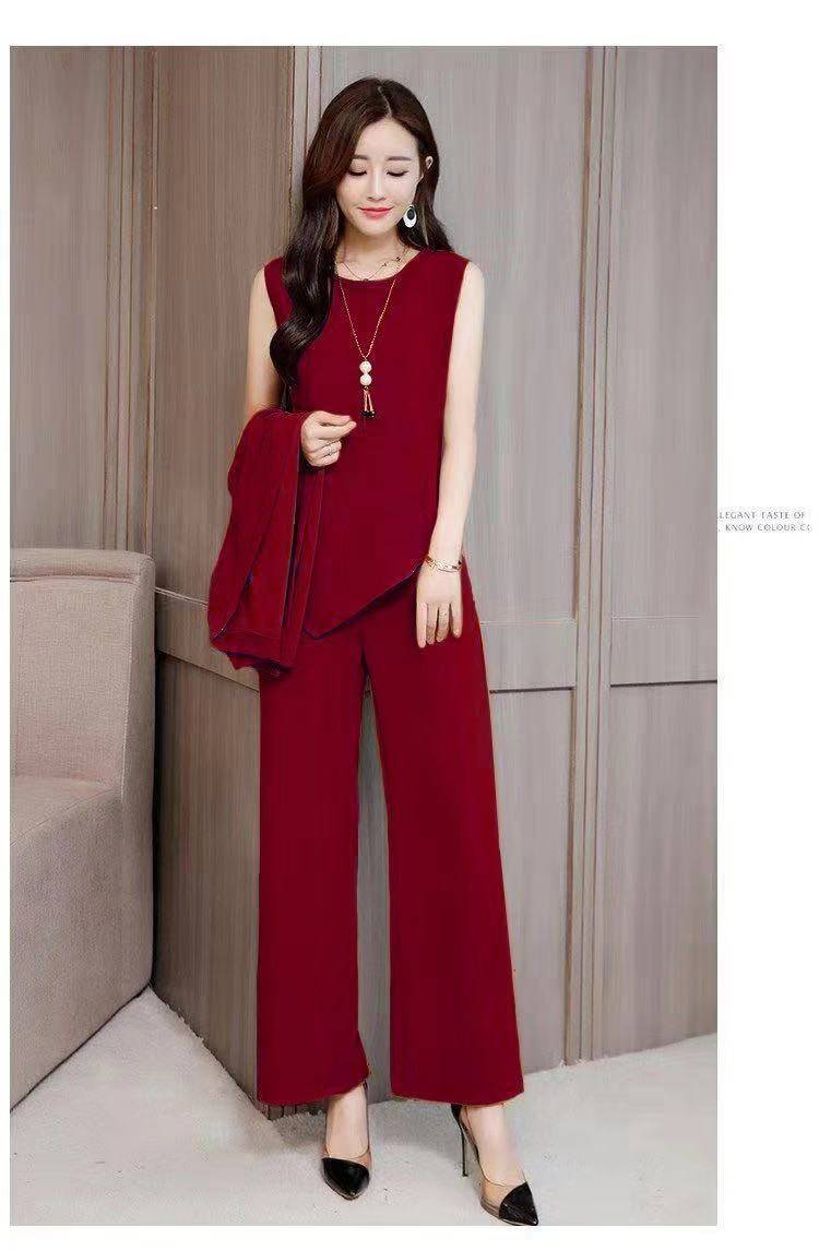 AliExpress 2021 Spring and Autumn new suit womens fashion casual loose vest wide leg pants three-piece set wish hot sale Wine red  - Image 1