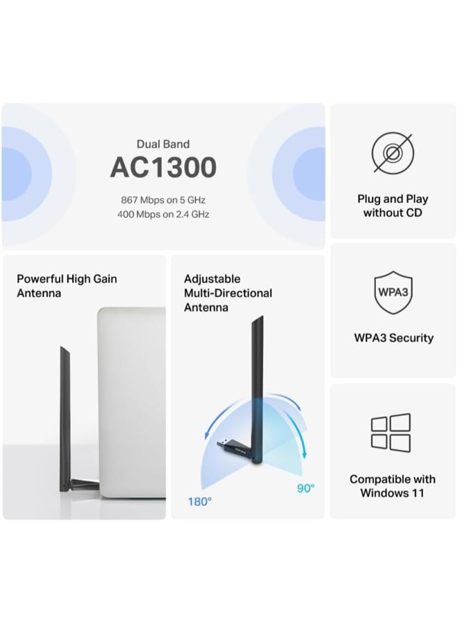 MERCUSYS AC1300 High Gain Wi-Fi USB Adapter
SPEED: 400 Mbps at 2.4 GHz + 867 Mbps at 5 GHz
SPEC: 1× High Gain External Antenna, USB 2.0, MU-MIMO, WPA3 Black - Image 3