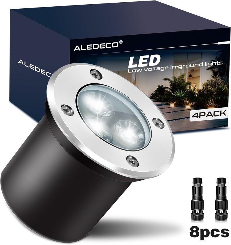 ALEDECO 4Pack 3W Low Voltage Landscape Lights with Connectors 12-24V LED In-Ground Lights IP67 Waterproof Garden Lighting 6500K Outdoor Well Light for Yard Pathway Driveway Deck (Cool White) - Image 1