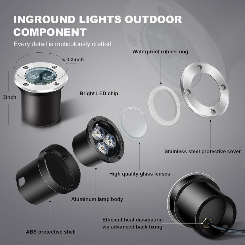 ALEDECO 4Pack 3W Low Voltage Landscape Lights with Connectors 12-24V LED In-Ground Lights IP67 Waterproof Garden Lighting 6500K Outdoor Well Light for Yard Pathway Driveway Deck (Cool White) - Image 3