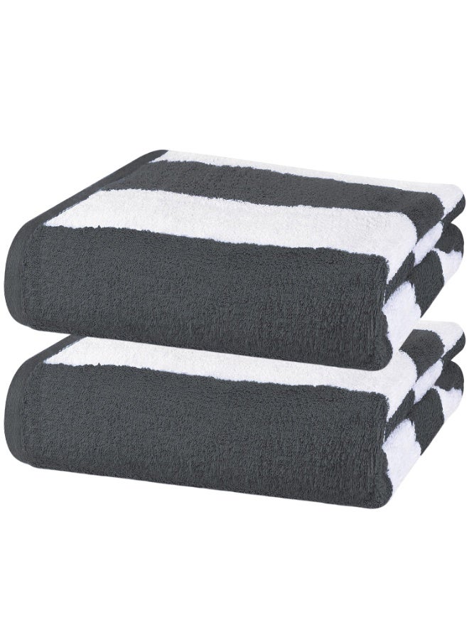 فابينني عبوة من منشفتين شاطئيتين قطنيتين 100%، مقاس 30×60 بوصة، بنمط مخطط، مناسبة لحمامات السباحة، مصنوعة من القطن، مقاس 76×152 سم، تتميز بقدرة امتصاص عالية وسرعة جفاف فائقة، لون رمادي داكن. - Image 1