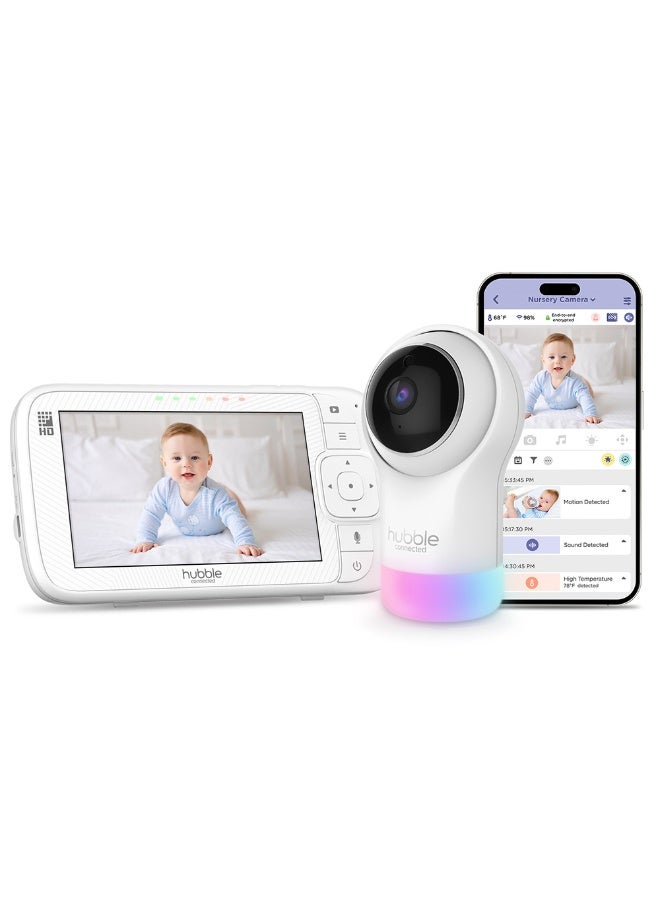 Hubble Connected Nursery Pal Glow+ Smart Baby Monitor with 5" Parent Unit and Wi-Fi Viewing via Free App – 7-Color Night Light, Sleep Trainer, Remote Pan Tilt Zoom, 2-Way Talk, Infrared Night Vision - Image 1