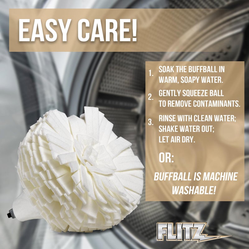 Flitz Buff Ball Car Buffer Drill Attachment with Self-Cooling Design, Never Burns and No Exposed Hardware to Prevent Scratches, Buff and Polish Any Surface, Machine Washable, 5 Inch, White - Image 3