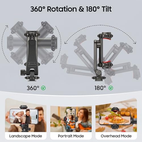 Zeadio Smartphone Tripod Mount Adapter, Cell Phone Tripod Holder Clamp with Triple Cold-Shoe Mount for All iPhone and Android Smartphones Light Microphone etc - Image 5