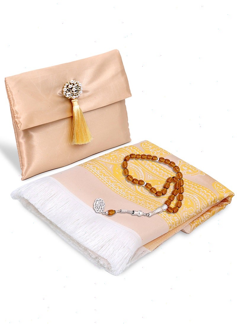 مجموعة سجادة صلاة إسلامية من 3 قطع، سجادة صلاة مع مسبحة وحقيبة، سجادة صلاة محمولة، مثالية للمنزل والسفر، هدية لرمضان والعيد - Image 1