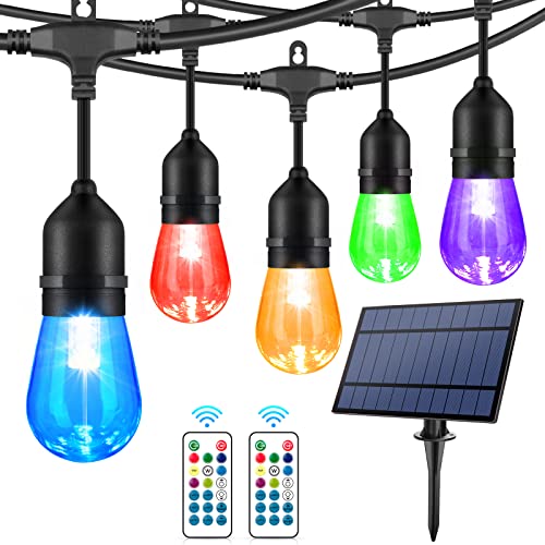 WENFENG 48FT Solar Outdoor RGB String Lights, 15+3 Waterproof Shatterproof LED Bulbs Dimmable Patio String Lights with Remote, Commercial Solar String Light for Patio Yard - Image 1