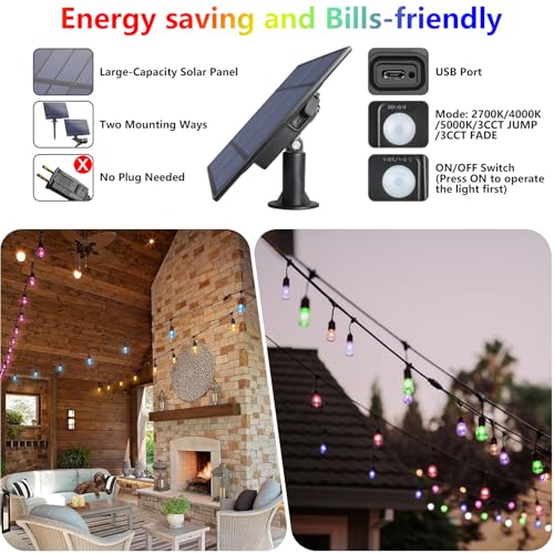 WENFENG 48FT Solar Outdoor RGB String Lights, 15+3 Waterproof Shatterproof LED Bulbs Dimmable Patio String Lights with Remote, Commercial Solar String Light for Patio Yard - Image 5