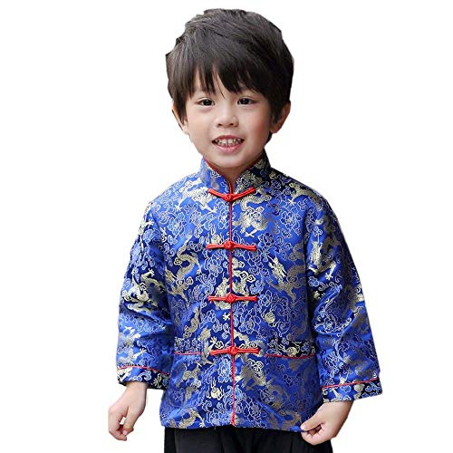 SZCQ Little Boys Dragon Tang Coat Long Sleeve Chinese Clothing Children Costumes Boy Jackets Outfit Tops (Blue, 4) - Image 1