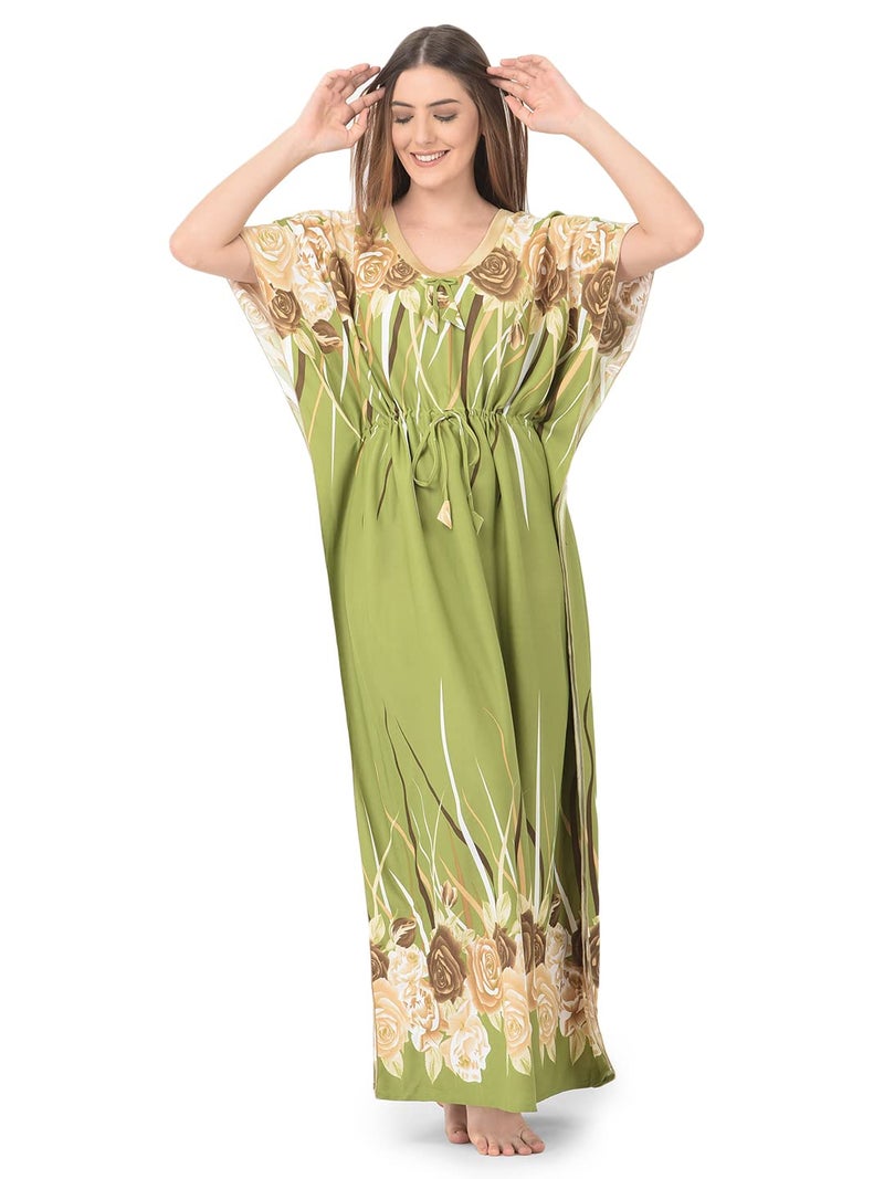 Noty Store Noty Satin Women's Kaftan Nighty | Floral Print Maxi | Sarena Fabric | Short Slevees Nightie | Nightgown For Girls & Women (Free Size, Olive Green) - Image 1