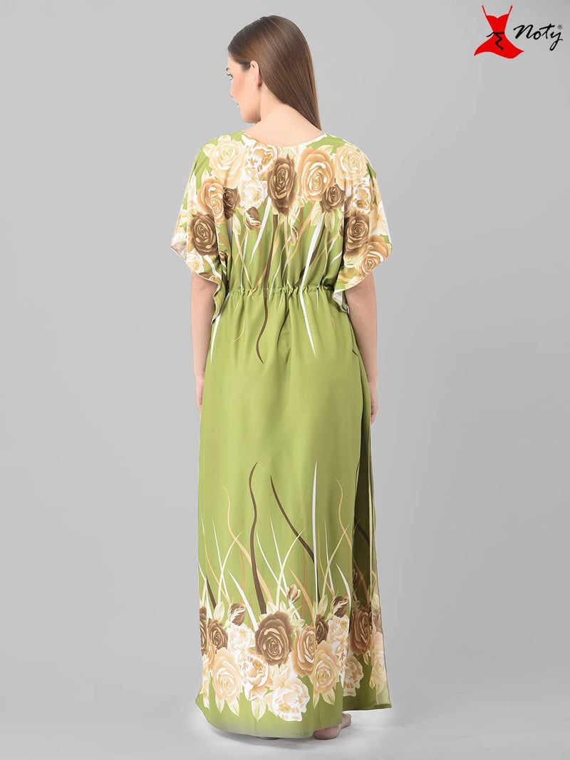 Noty Store Noty Satin Women's Kaftan Nighty | Floral Print Maxi | Sarena Fabric | Short Slevees Nightie | Nightgown For Girls & Women (Free Size, Olive Green) - Image 4