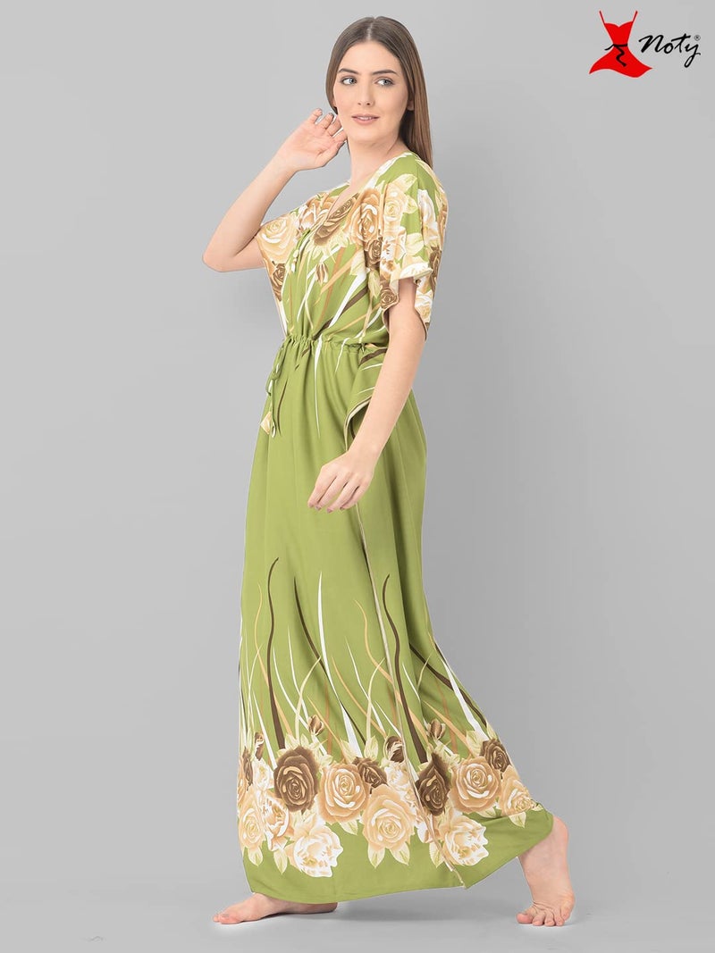 Noty Store Noty Satin Women's Kaftan Nighty | Floral Print Maxi | Sarena Fabric | Short Slevees Nightie | Nightgown For Girls & Women (Free Size, Olive Green) - Image 3
