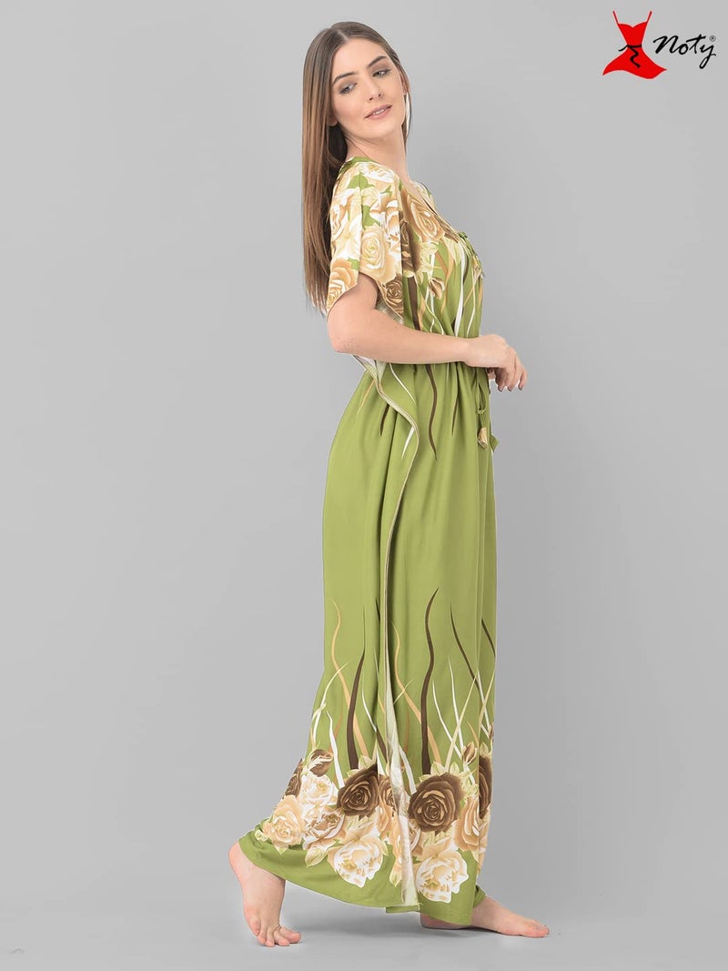 Noty Store Noty Satin Women's Kaftan Nighty | Floral Print Maxi | Sarena Fabric | Short Slevees Nightie | Nightgown For Girls & Women (Free Size, Olive Green) - Image 2