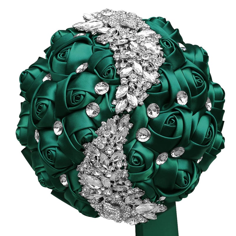 XINNI Emerald Green Wedding Bridal Toss Bouquet for Bride Bridesmaid Satin Rose Flower Wedding Bouquet with Meteor Shower Shape Rhinestones Dark Green