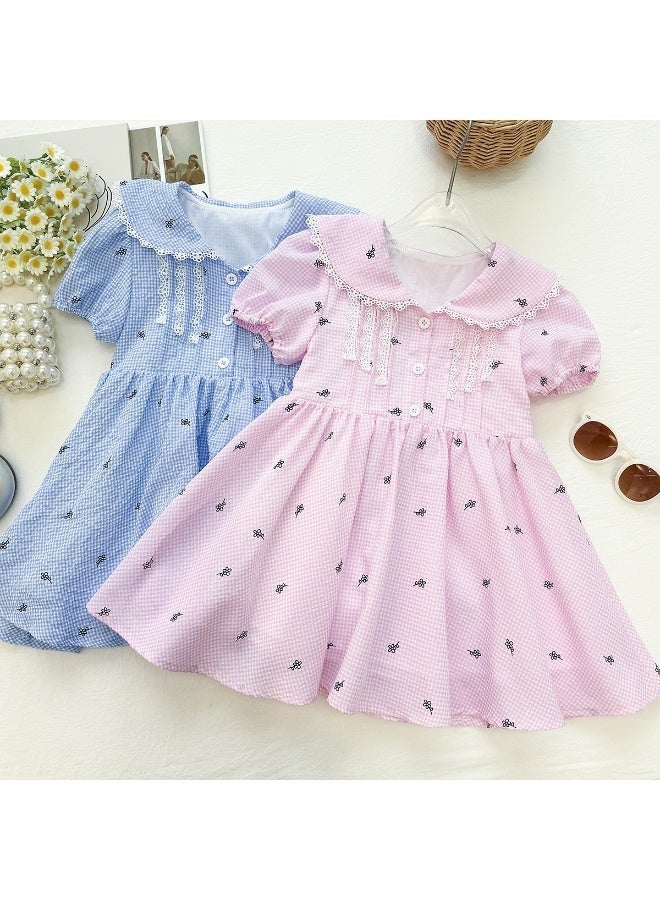 Ayada Home Girls Plaid Floral Print Dress, Peter Pan Collar Lace Trim Puff Sleeve Summer Casual Kids Dress - Image 2