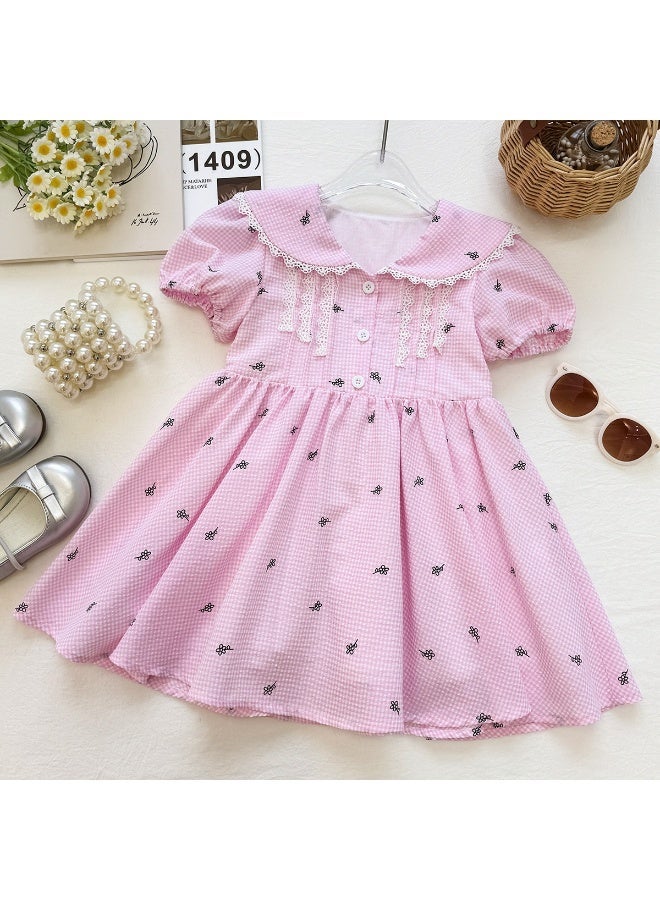 Ayada Home Girls Plaid Floral Print Dress, Peter Pan Collar Lace Trim Puff Sleeve Summer Casual Kids Dress - Image 3