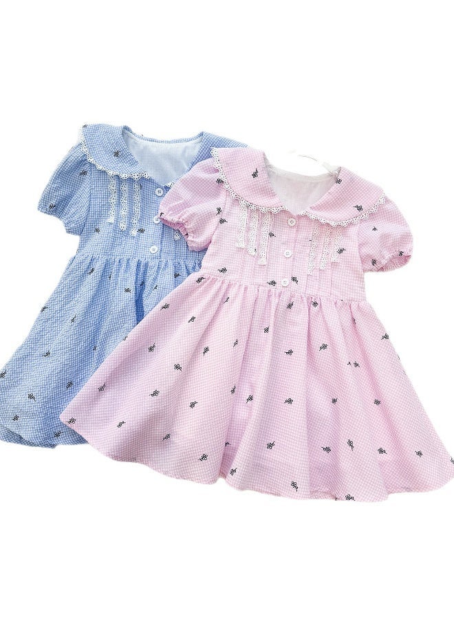 Ayada Home Girls Plaid Floral Print Dress, Peter Pan Collar Lace Trim Puff Sleeve Summer Casual Kids Dress - Image 5