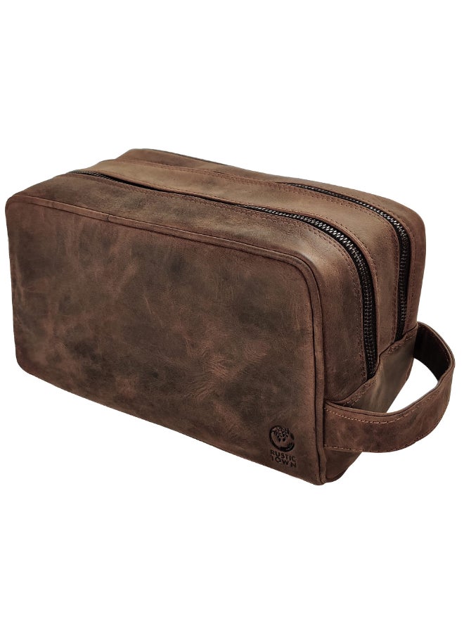 RUSTIC TOWN Full Grain Leather Travel Toiletry Bag Cosmetic Ditty Kit Organizer Dark Brown - Image 3