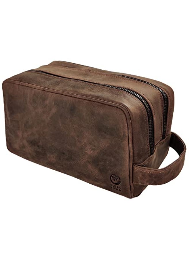 RUSTIC TOWN Full Grain Leather Travel Toiletry Bag Cosmetic Ditty Kit Organizer Dark Brown - Image 1