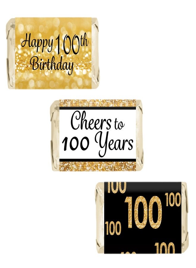 DISTINCTIVS Black and Gold 100th Birthday Candy Mini Bar Wrappers, 100th Birthday Party Favors for Guests - 42 Stickers - Image 1