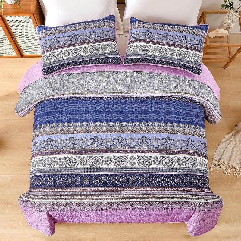 WONGS BEDDING مجموعة أغطية الأسرّة بأسلوب البوهو، حجم كوين، لون بنفسجي، مجموعة أغطية أسرّة بأسلوب البوهو، غطاء سرير خفيف من القطن الميكروفيبر قابل للتحويل، مناسب لجميع المواسم، مقاس 96" × 90" (3 قطعة) - Image 5