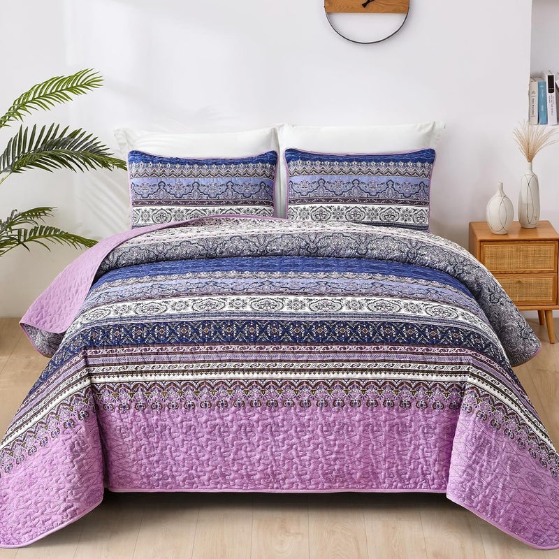 WONGS BEDDING مجموعة أغطية الأسرّة بأسلوب البوهو، حجم كوين، لون بنفسجي، مجموعة أغطية أسرّة بأسلوب البوهو، غطاء سرير خفيف من القطن الميكروفيبر قابل للتحويل، مناسب لجميع المواسم، مقاس 96" × 90" (3 قطعة) - Image 1