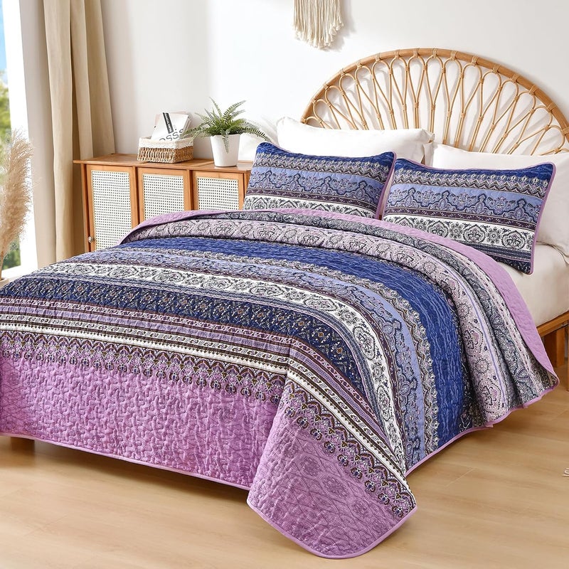 WONGS BEDDING مجموعة أغطية الأسرّة بأسلوب البوهو، حجم كوين، لون بنفسجي، مجموعة أغطية أسرّة بأسلوب البوهو، غطاء سرير خفيف من القطن الميكروفيبر قابل للتحويل، مناسب لجميع المواسم، مقاس 96" × 90" (3 قطعة) - Image 2